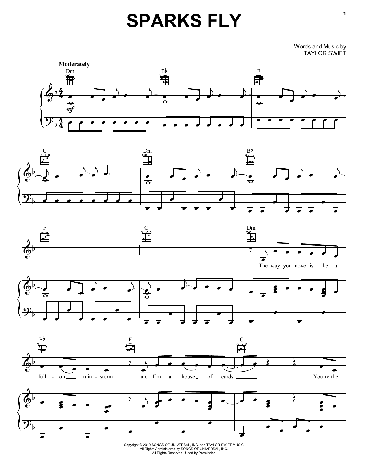 Taylor Swift Sparks Fly sheet music notes and chords. Download Printable PDF.