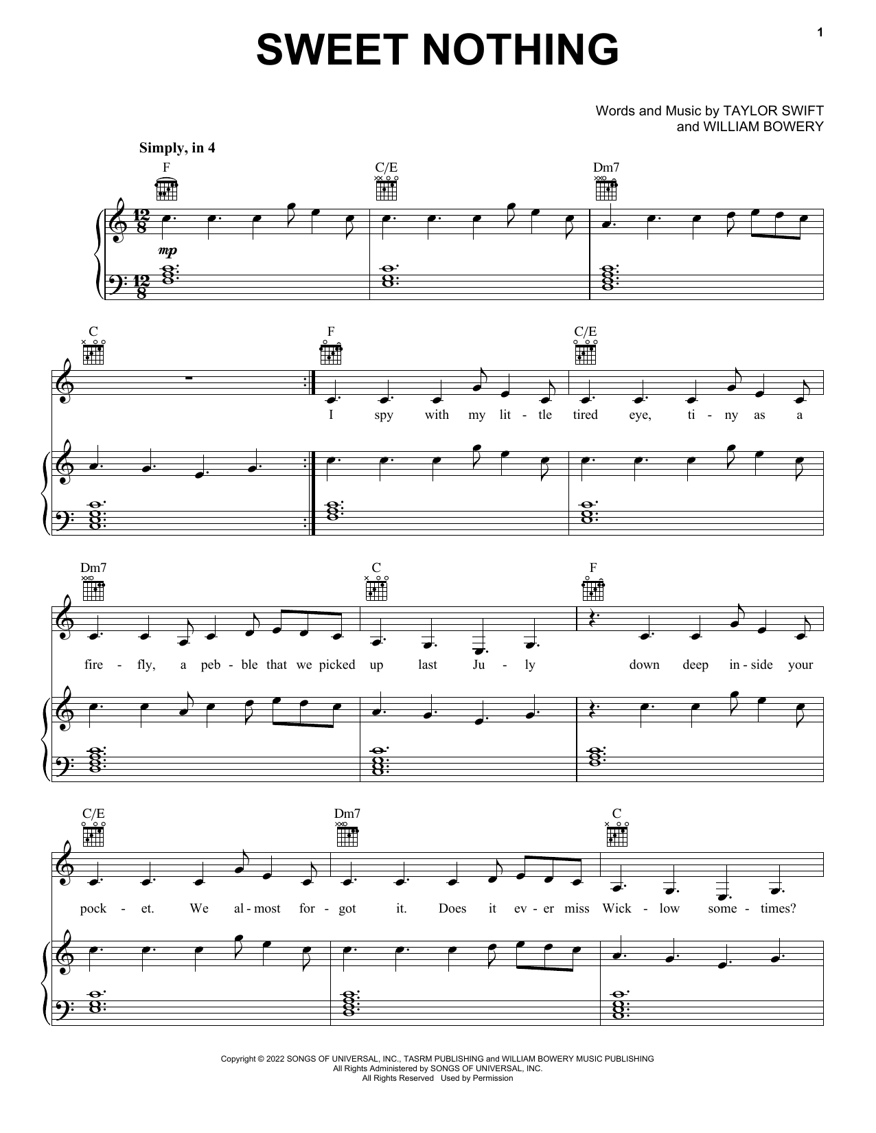 Taylor Swift Sweet Nothing sheet music notes and chords. Download Printable PDF.