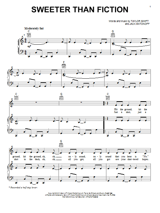 Learn to play Taylor Swift Sweeter Than Fiction sheet music for Piano, Vocal & Guitar (Right-Hand Melody) in minutes. Taylor Swift Sweeter Than Fiction sheet music notes and chords. Download Printable PDF.