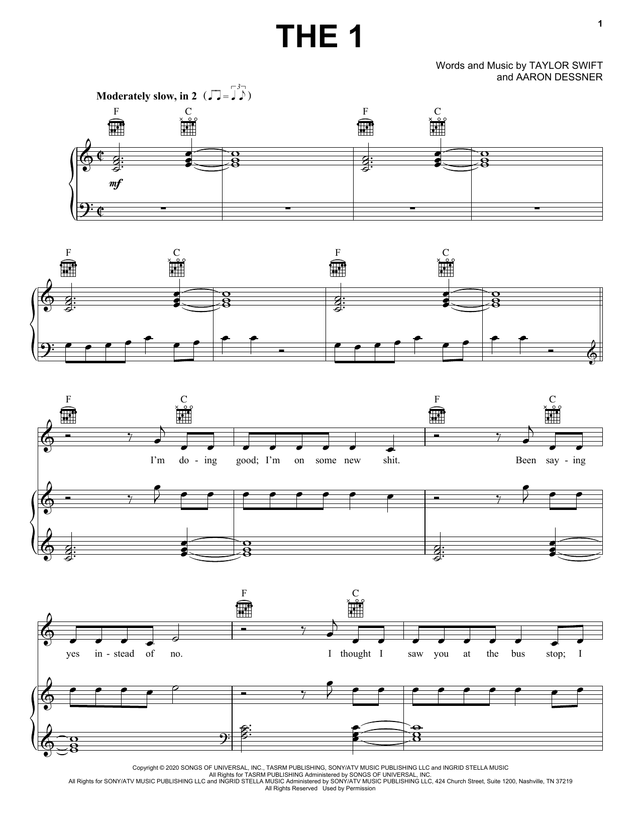 Taylor Swift the 1 sheet music notes and chords. Download Printable PDF.