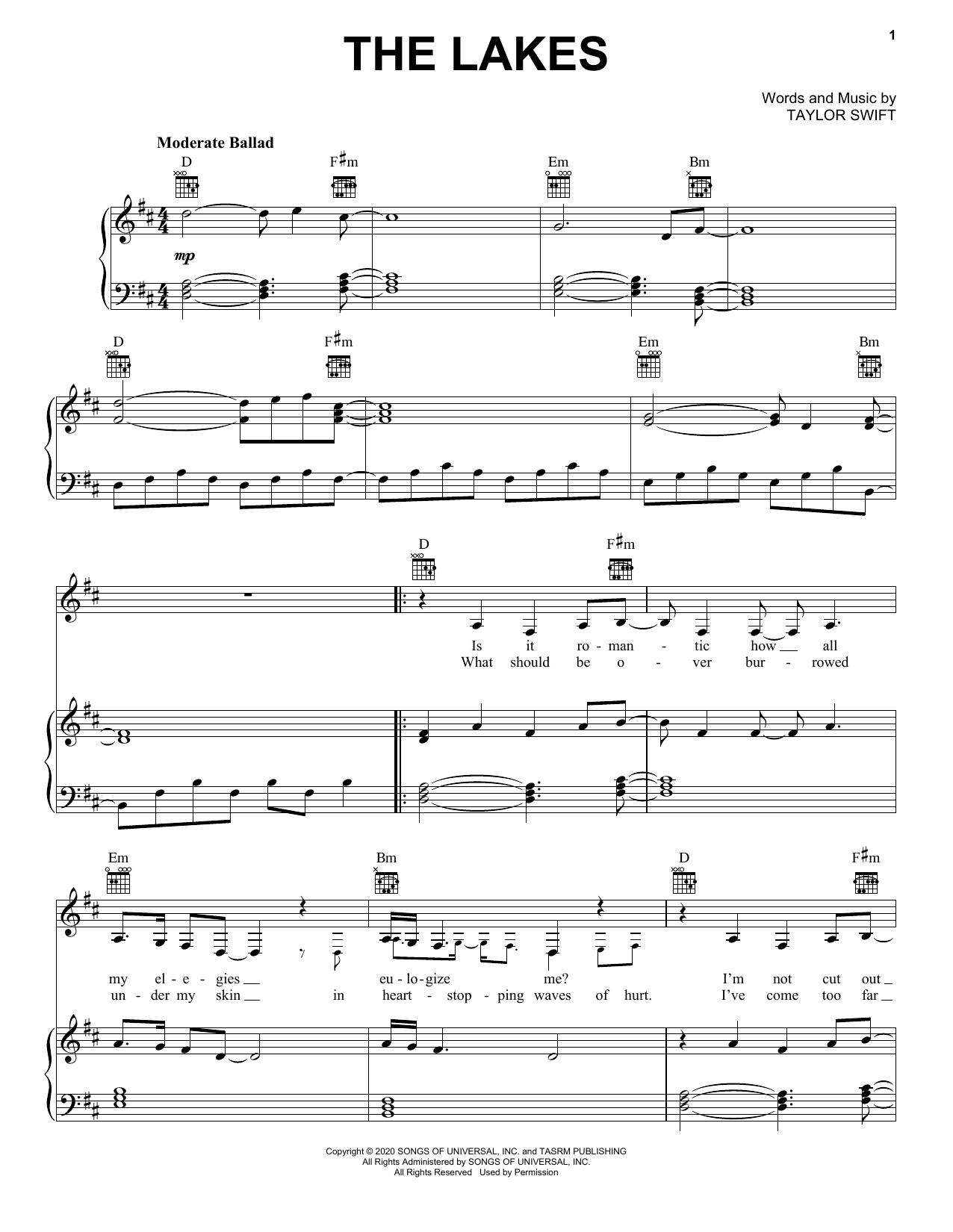 Taylor Swift The Lakes Sheet Music Notes Chords Download Printable Pdf Score