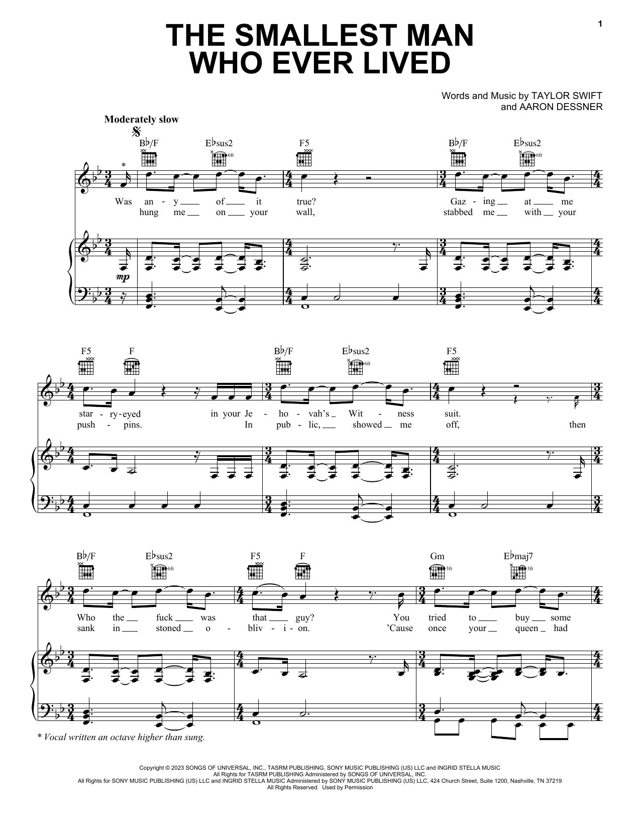 Taylor Swift "The Smallest Man Who Ever Lived" Sheet Music for Piano