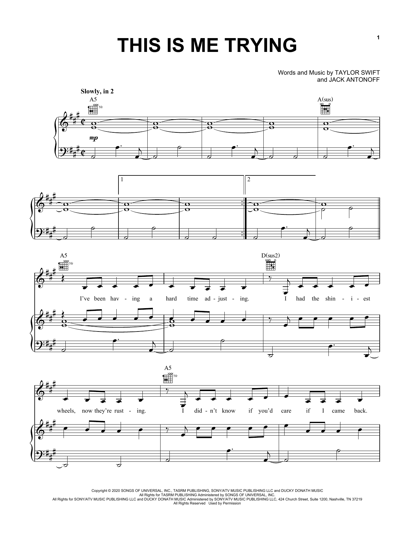 Download Taylor Swift "this is me trying" Sheet Music & PDF Chords Easy Piano Folk Music Notes