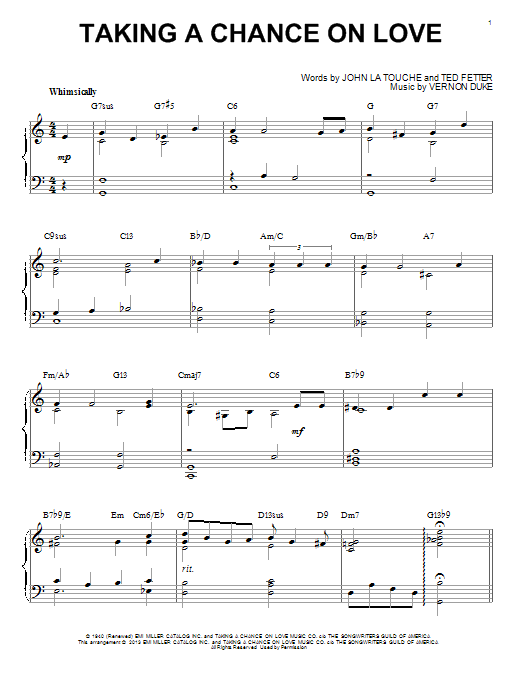 Learn to play Ted Fetter Taking A Chance On Love (arr. Brent Edstrom) sheet music for Piano Solo in minutes. Ted Fetter Taking A Chance On Love (arr. Brent Edstrom) sheet music notes and chords. Download Printable PDF.