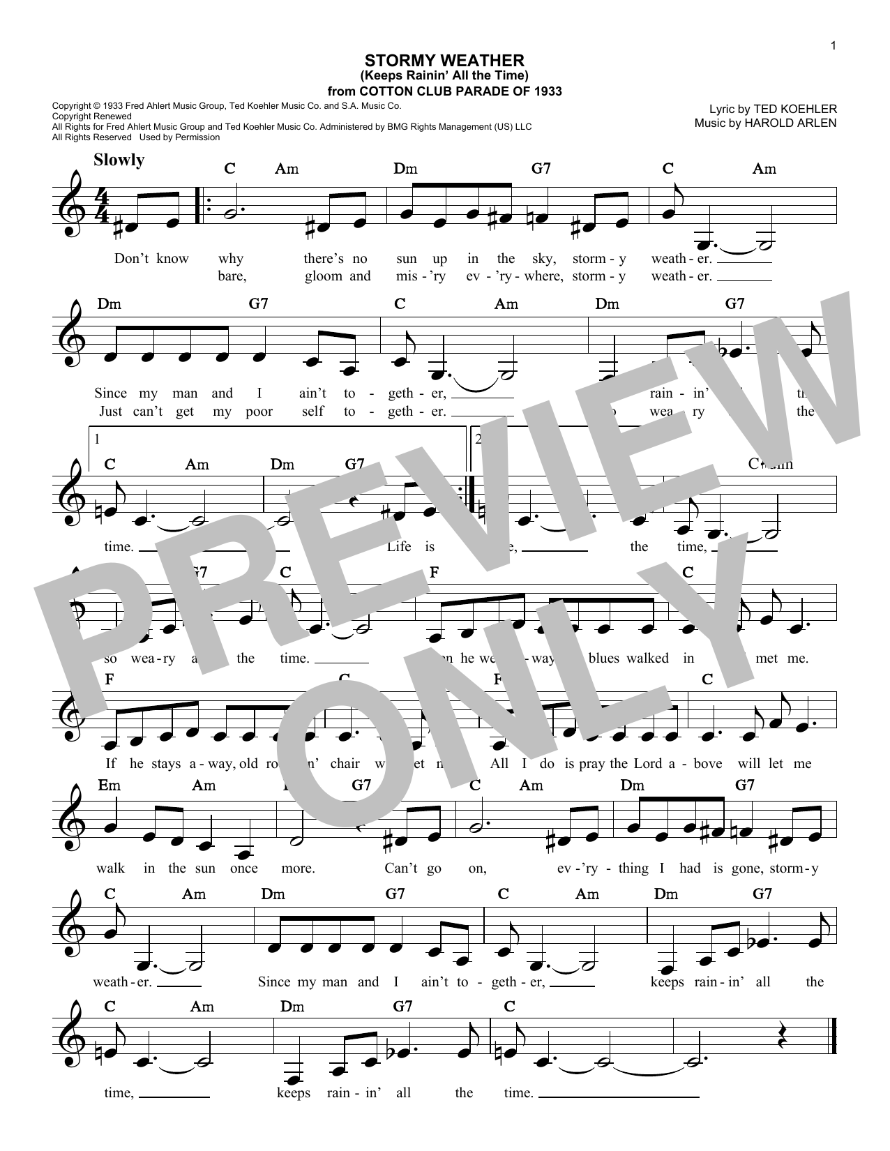 Learn to play Ted Koehler & Harold Arlen Stormy Weather (Keeps Rainin' All The Time) sheet music for Easy Lead Sheet / Fake Book in minutes. Price: 5.9900$ Ted Koehler & Harold Arlen Stormy Weather (Keeps Rainin' All The Time) sheet music notes and chords arranged for Easy Lead Sheet / Fake Book