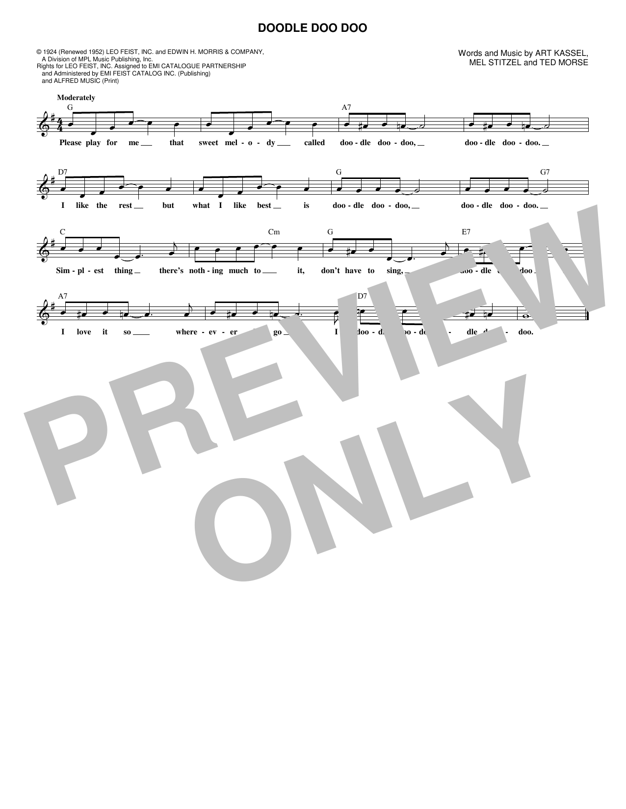 Learn to play Ted Morse Doodle Doo Doo sheet music for Lead Sheet / Fake Book in minutes. Price: 5.9900$ Ted Morse Doodle Doo Doo sheet music notes and chords arranged for Lead Sheet / Fake Book
