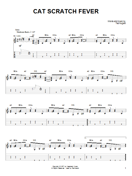 Ted Nugent Cat Scratch Fever sheet music notes and chords. Download Printable PDF.