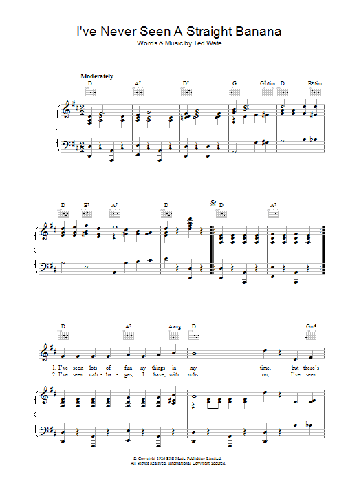 Learn to play Ted Waite I've Never Seen A Straight Banana sheet music for Piano, Vocal & Guitar (Right-Hand Melody) in minutes. Ted Waite I've Never Seen A Straight Banana sheet music notes and chords. Download Printable PDF.