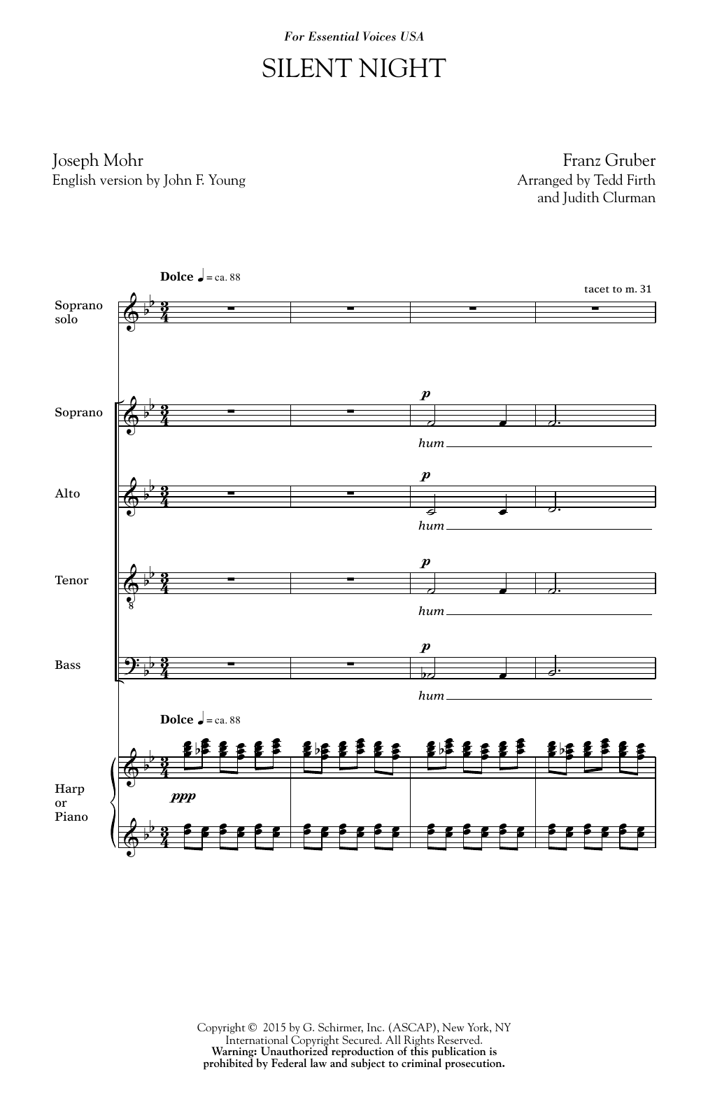 Franz Gruber Silent Night (arr. Tedd Firth) sheet music notes and chords arranged for SATB Choir