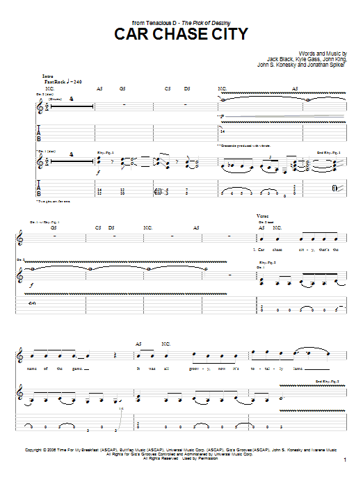 Tenacious D Car Chase City sheet music notes and chords. Download Printable PDF.