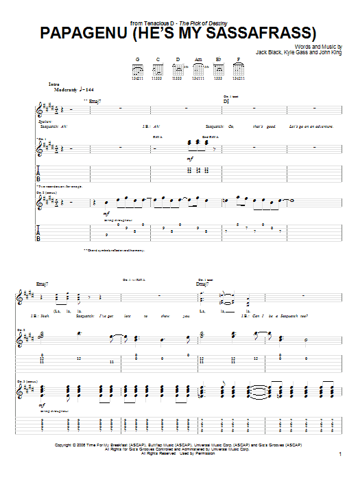 Learn to play Tenacious D Papagenu (He's My Sassafrass) Part 1 sheet music for Guitar Tab in minutes. Price: 7.8900$ Tenacious D Papagenu (He's My Sassafrass) Part 1 sheet music notes and chords arranged for Guitar Tab