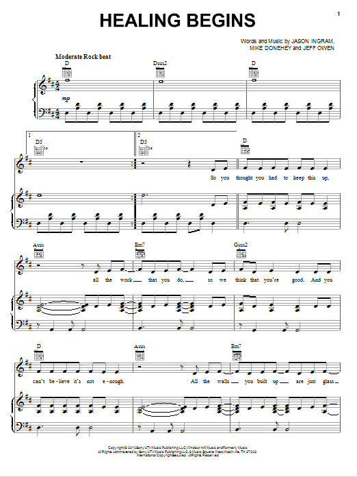 Learn to play Tenth Avenue North Healing Begins sheet music for Piano, Vocal & Guitar Chords (Right-Hand Melody) in minutes. Price: 6.9900$ Tenth Avenue North Healing Begins sheet music notes and chords arranged for Piano, Vocal & Guitar Chords (Right-Hand Melody)