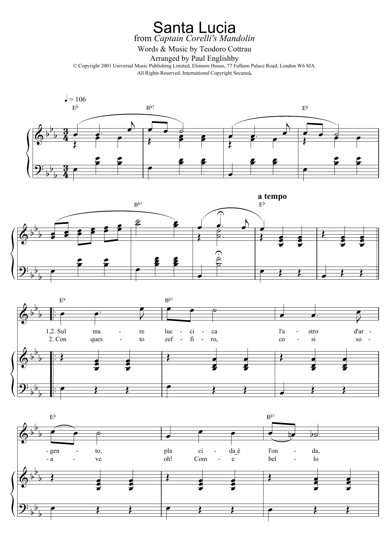 Teodoro Cottrau Santa Lucia (from Captain Corelli's Mandolin) sheet music notes and chords. Download Printable PDF.