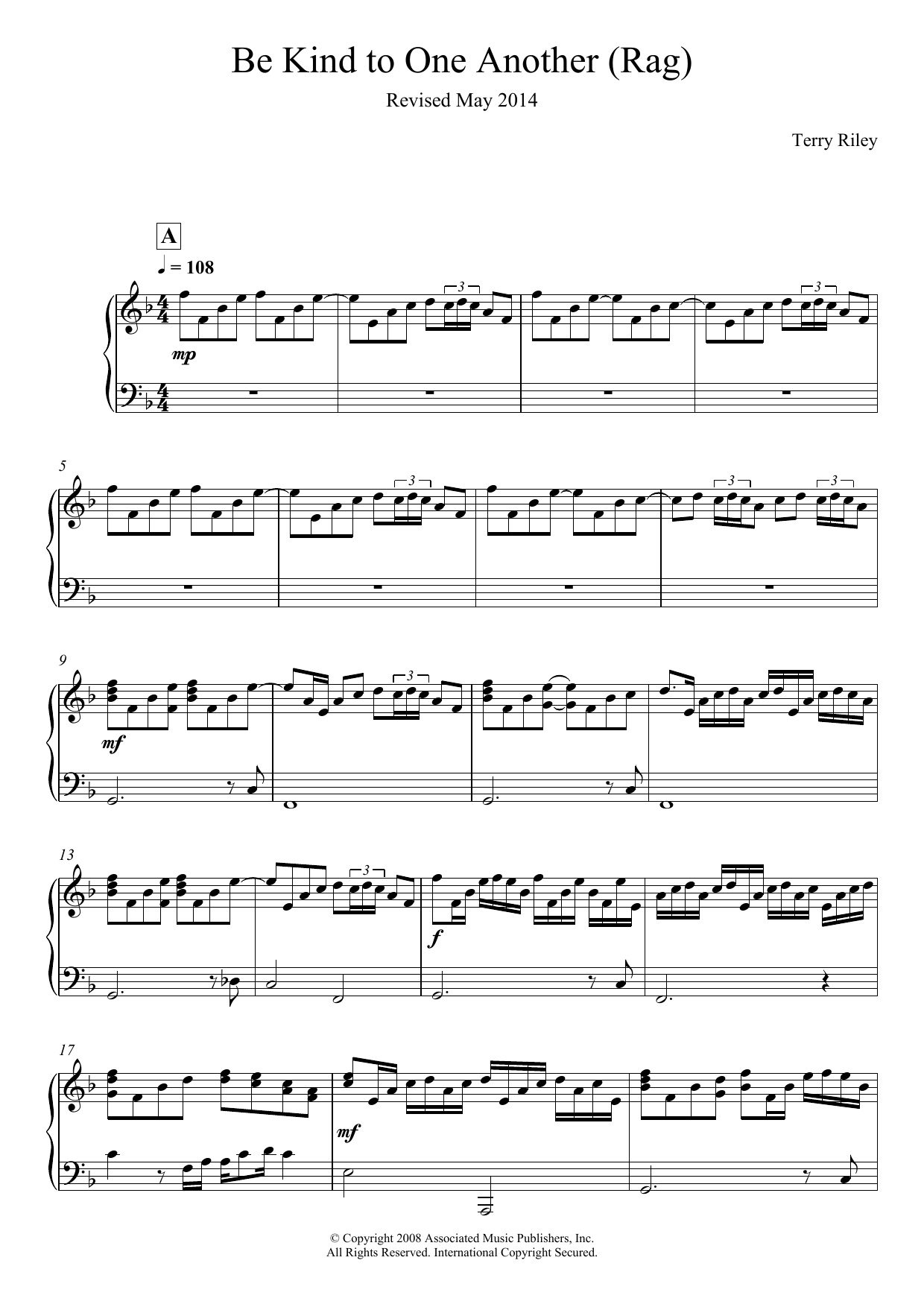 Terry Riley Be Kind To One Another Rag Sheet Music Pdf Notes