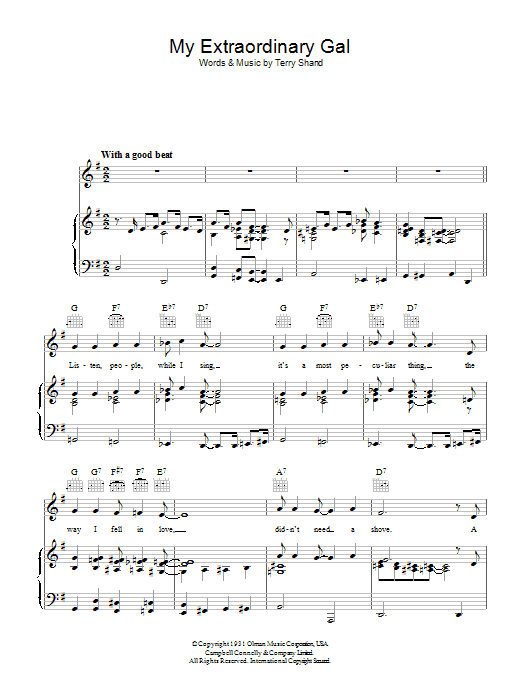 Learn to play Terry Shand My Extraordinary Gal sheet music for Piano, Vocal & Guitar (Right-Hand Melody) in minutes. Terry Shand My Extraordinary Gal sheet music notes and chords. Download Printable PDF.