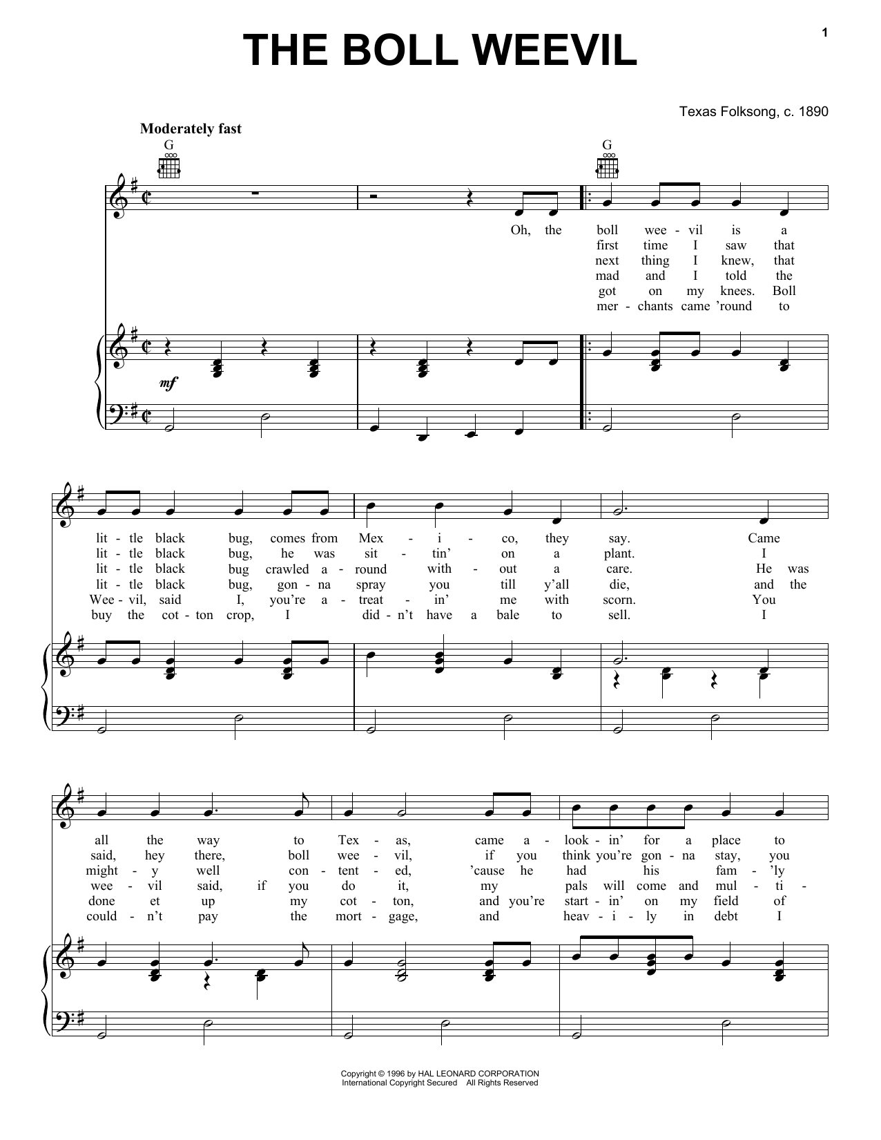 Texas Folksong The Boll Weevil sheet music notes and chords. Download Printable PDF.