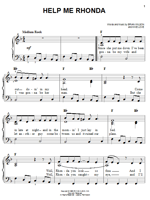 The Beach Boys Help Me Rhonda sheet music notes and chords arranged for Easy Piano