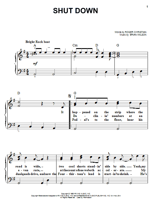 Learn to play The Beach Boys Shut Down sheet music for Easy Piano in minutes. Price: 6.9900$ The Beach Boys Shut Down sheet music notes and chords arranged for Easy Piano