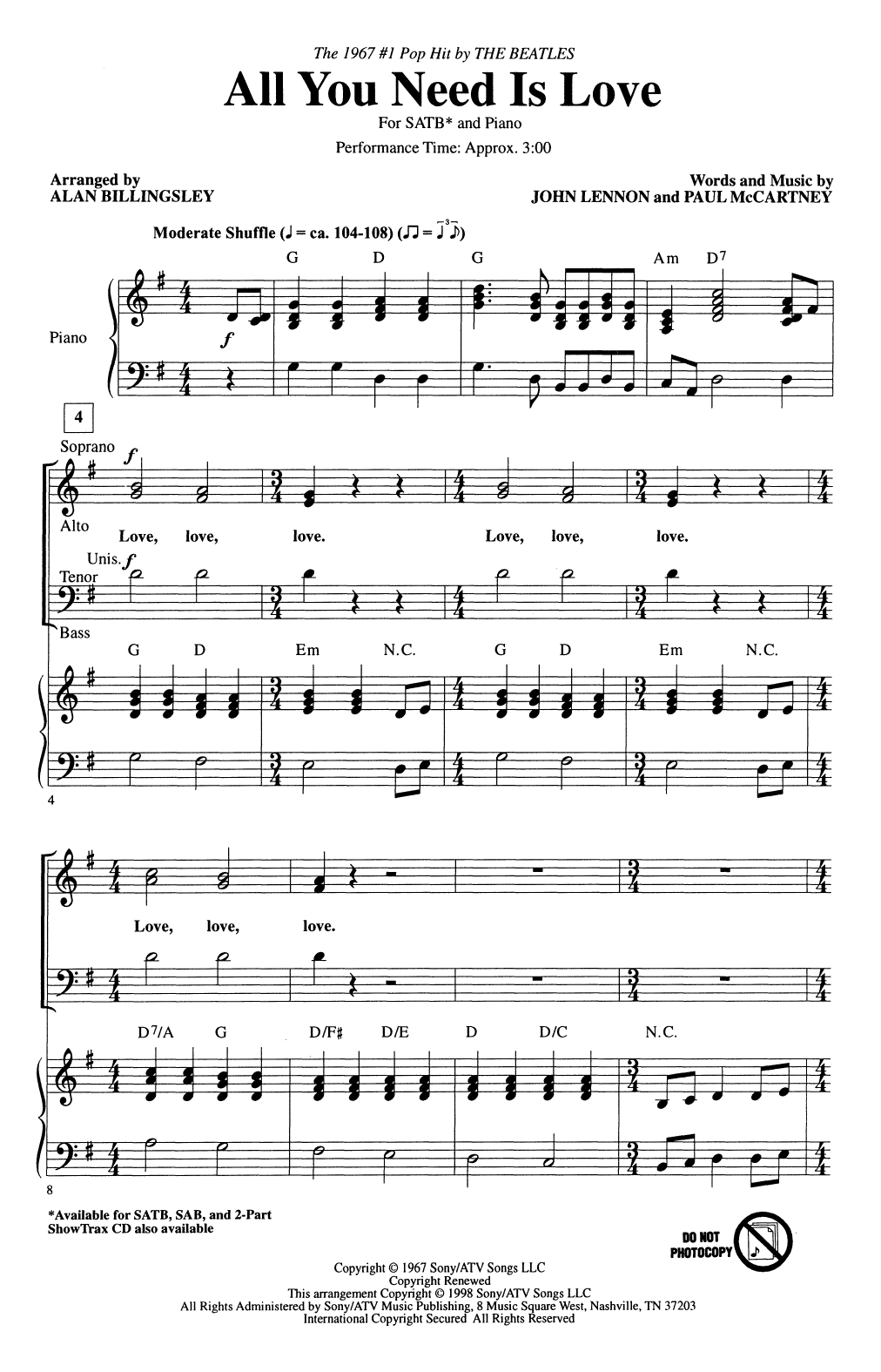 The Beatles All You Need Is Love (arr. Alan Billingsley) sheet music notes and chords. Download Printable PDF.