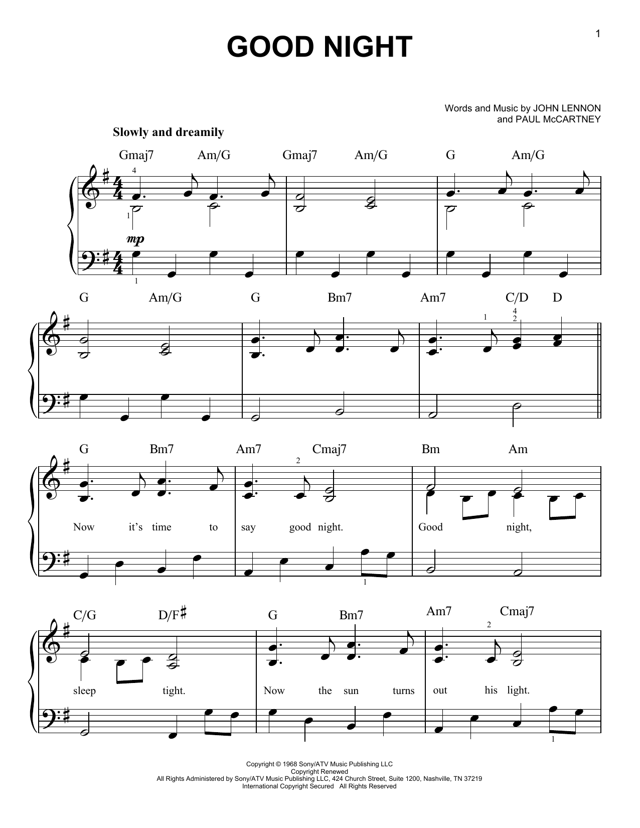 The Beatles Good Night sheet music notes and chords. Download Printable PDF.