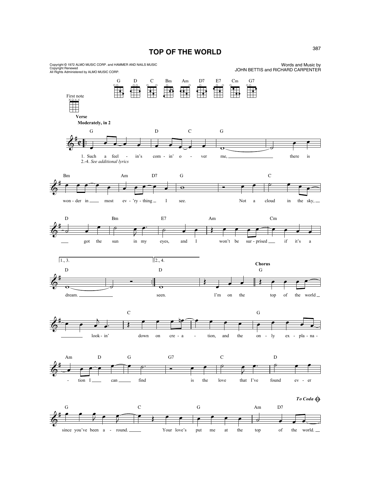 The Carpenters Top Of The World sheet music notes and chords. Download Printable PDF.