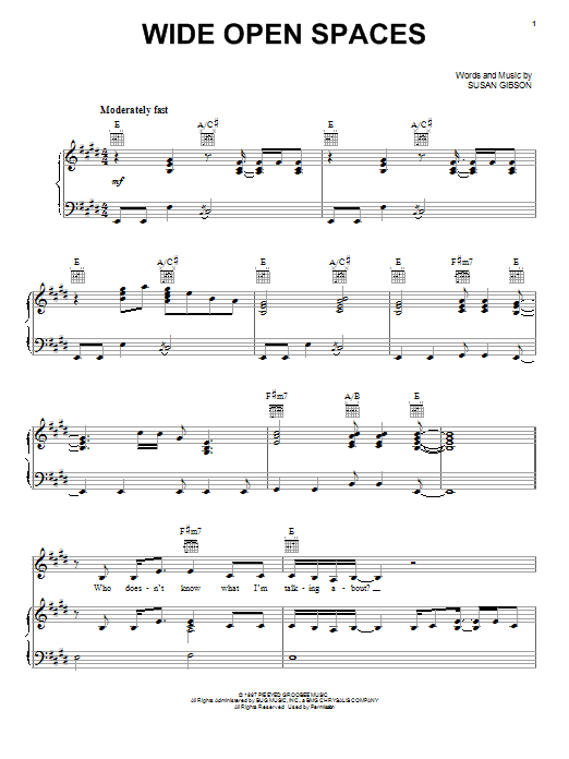 Dixie Chicks Wide Open Spaces sheet music notes and chords. Download Printable PDF.