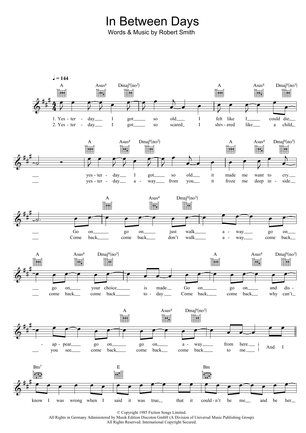 The Cure In Between Days sheet music notes and chords arranged for Lead Sheet / Fake Book