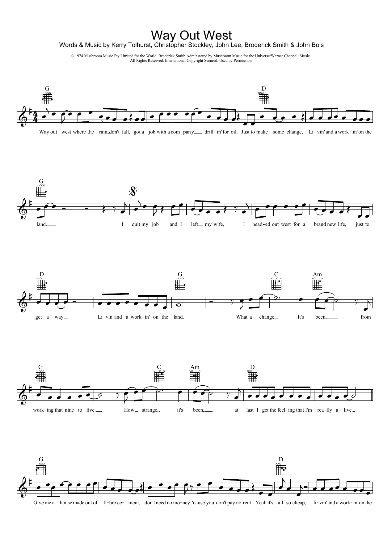 The Dingoes Way Out West sheet music notes and chords. Download Printable PDF.