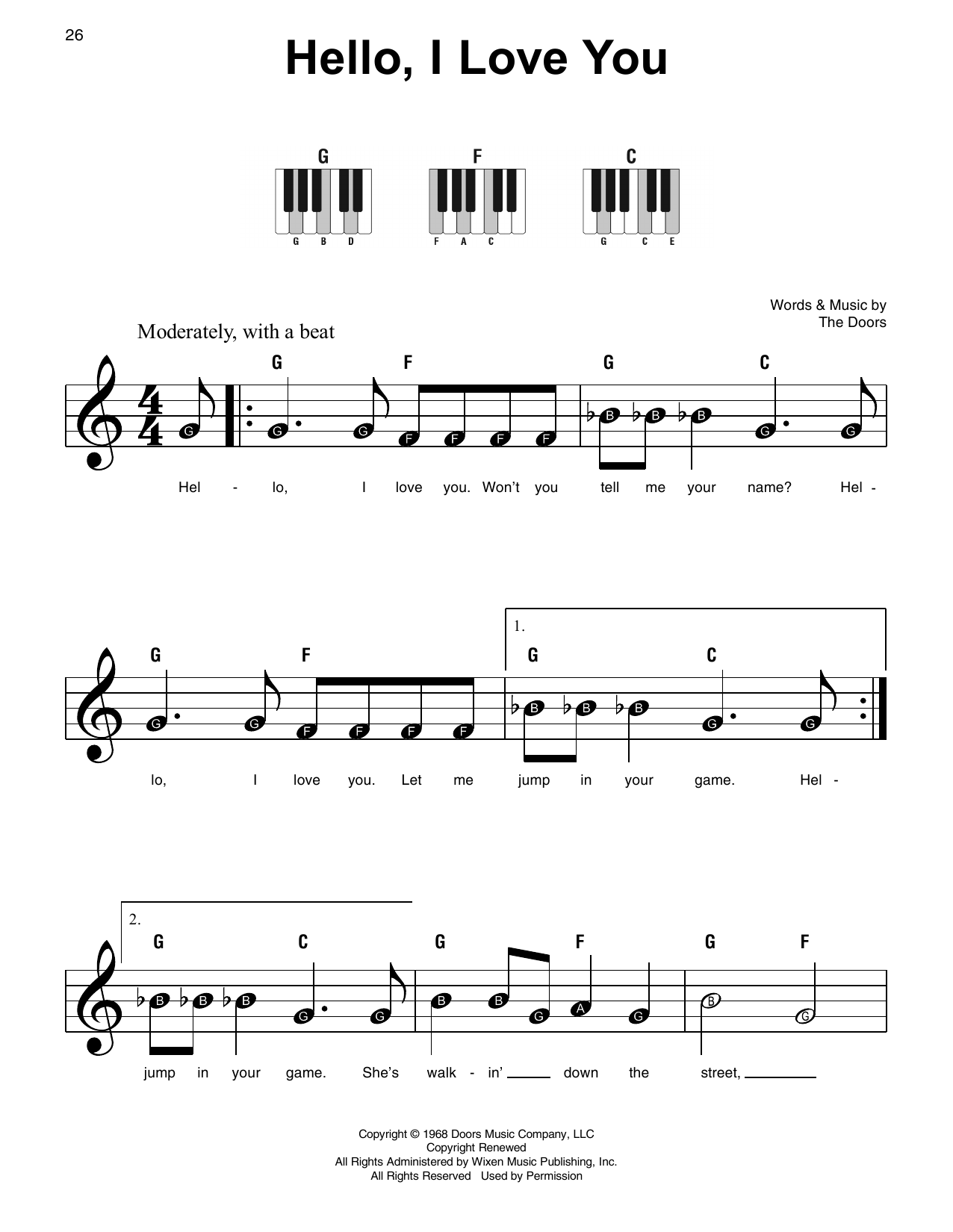 The Doors Hello, I Love You sheet music notes and chords. Download Printable PDF.