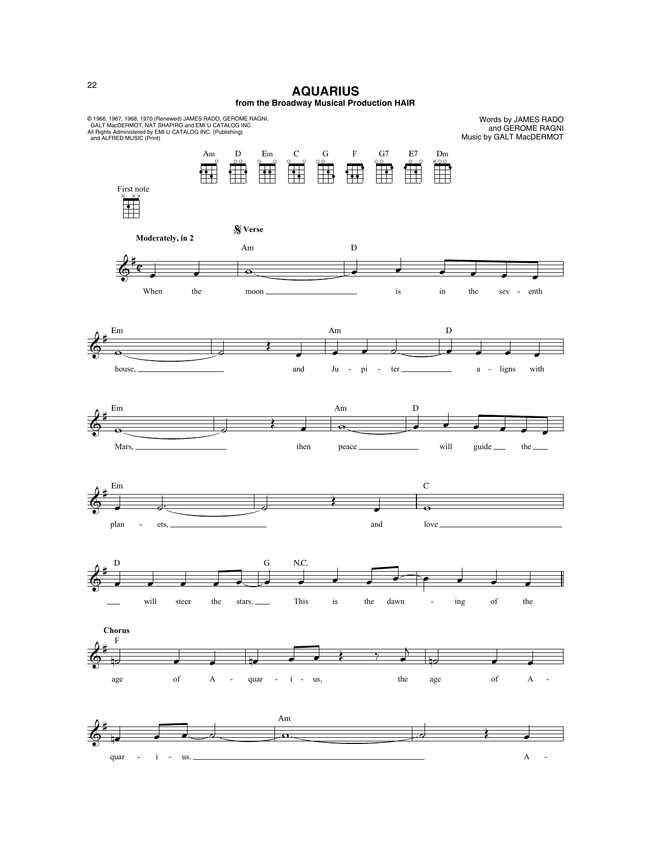 The Fifth Dimension Aquarius sheet music notes and chords. Download Printable PDF.