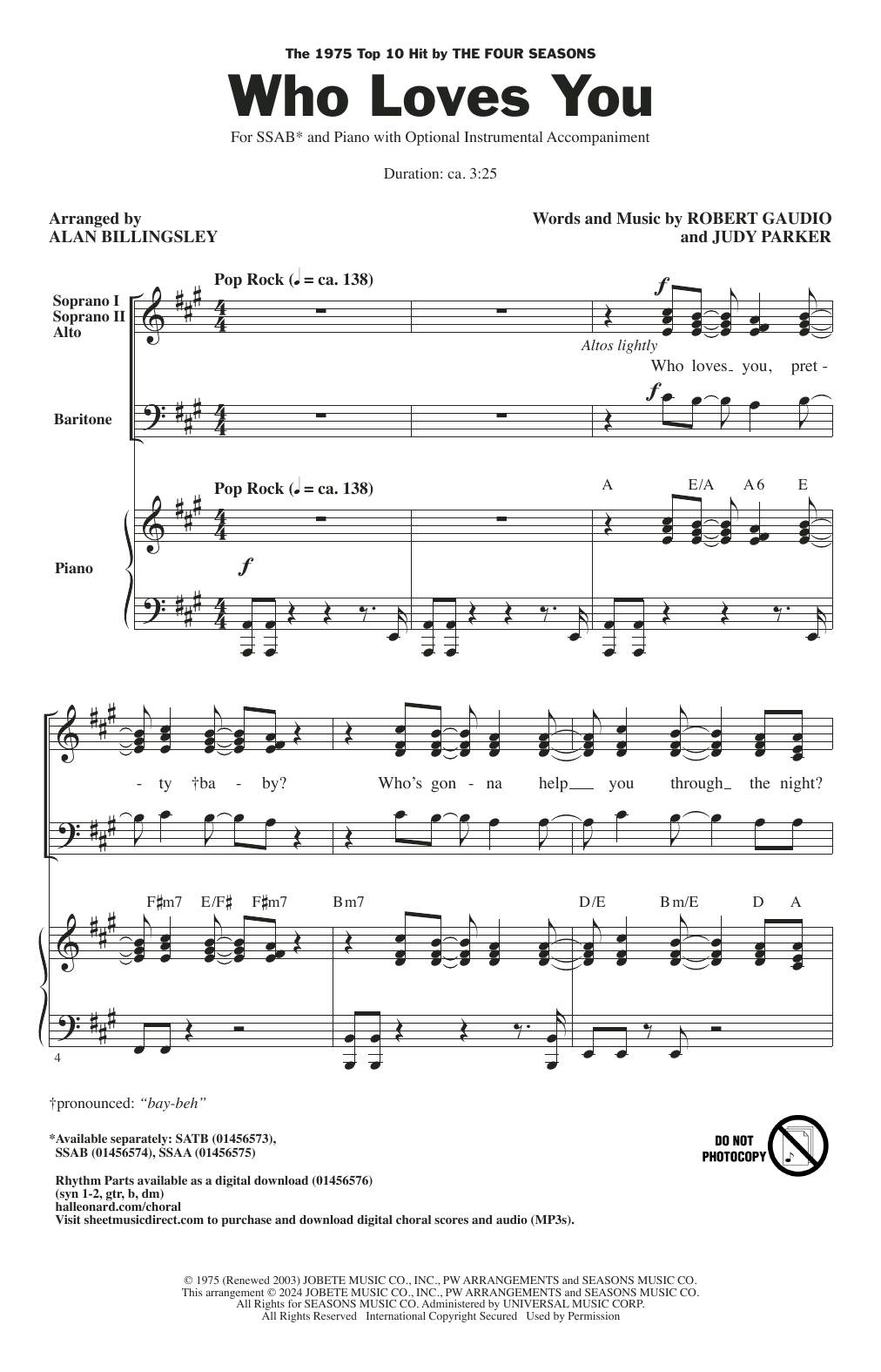 The Four Seasons Who Loves You (arr. Alan Billingsley) sheet music notes and chords. Download Printable PDF.