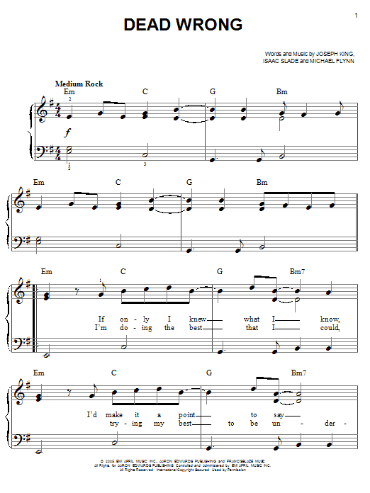 The Fray Dead Wrong sheet music notes and chords. Download Printable PDF.