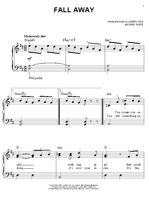 The Fray Fall Away sheet music notes and chords. Download Printable PDF.