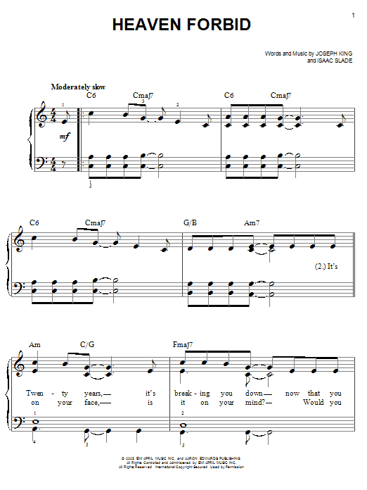 The Fray Heaven Forbid sheet music notes and chords arranged for Easy Piano