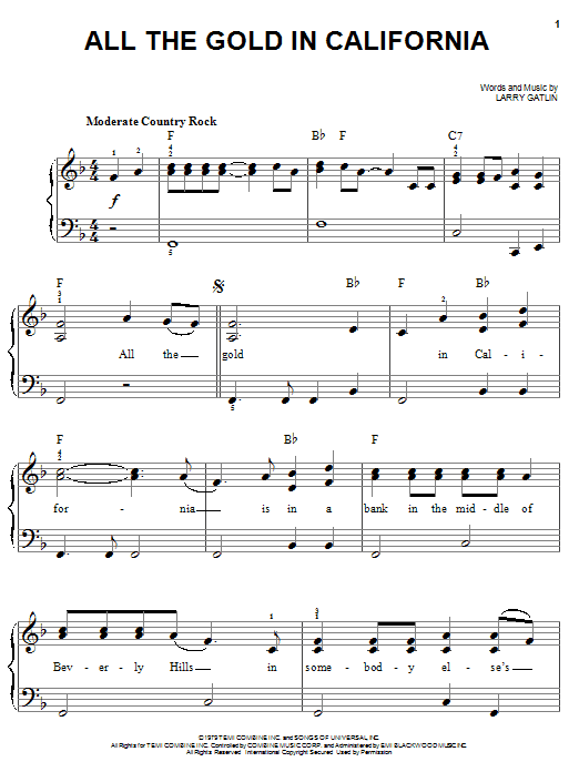 The Gatlin Brothers All The Gold In California sheet music notes and chords arranged for Easy Piano