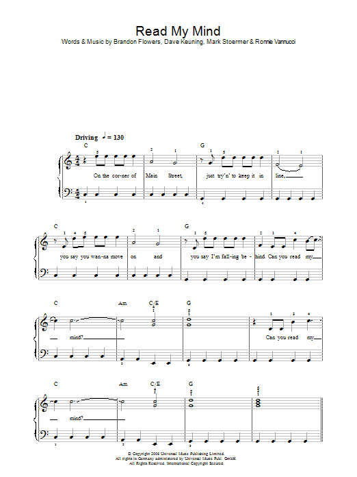 The Killers Read My Mind sheet music notes and chords. Download Printable PDF.