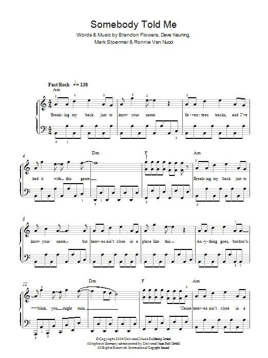 The Killers Somebody Told Me sheet music notes and chords. Download Printable PDF.