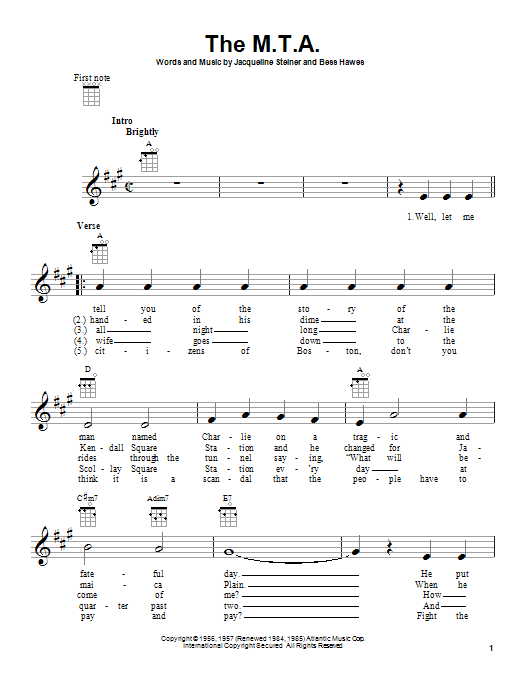 The Kingston Trio The M.T.A. sheet music notes and chords. Download Printable PDF.