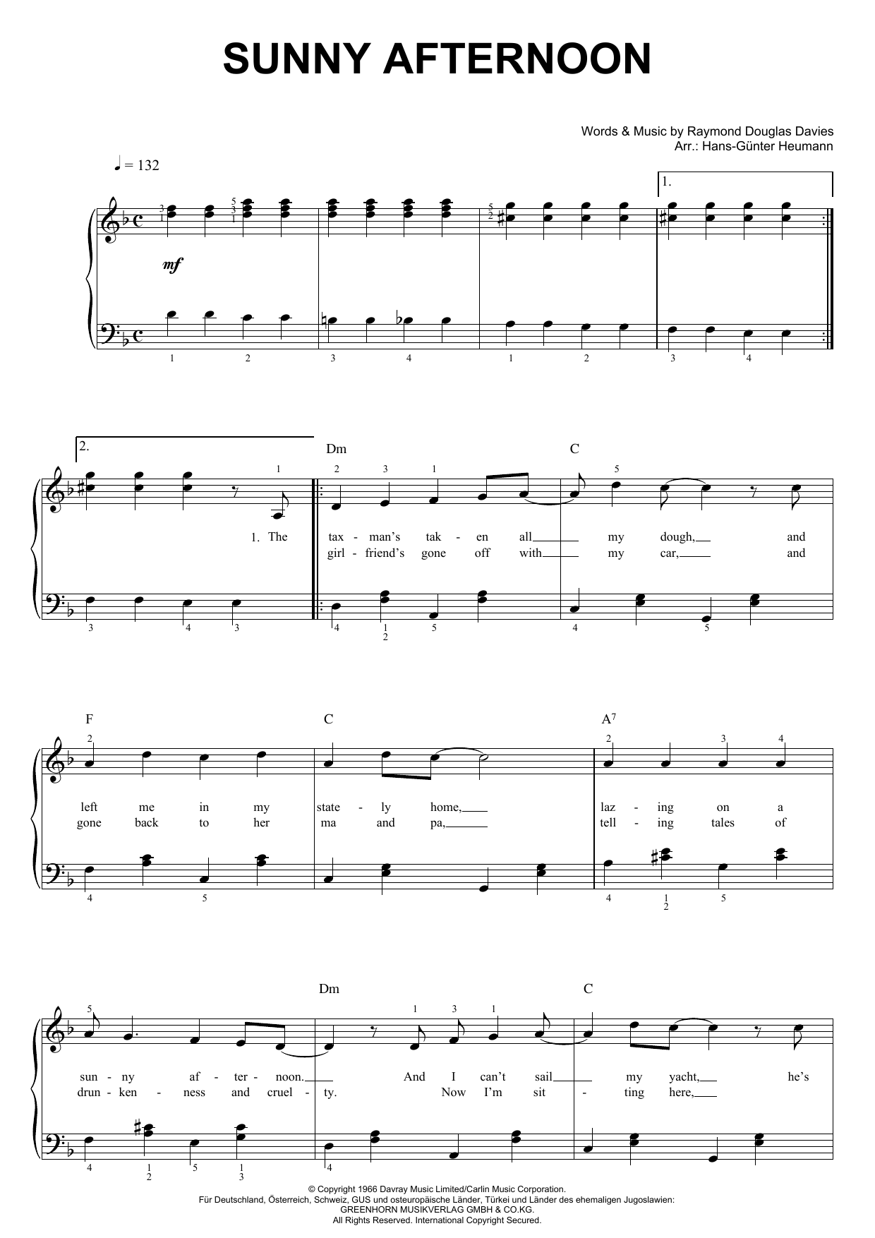 The Kinks Sunny Afternoon sheet music notes and chords. Download Printable PDF.