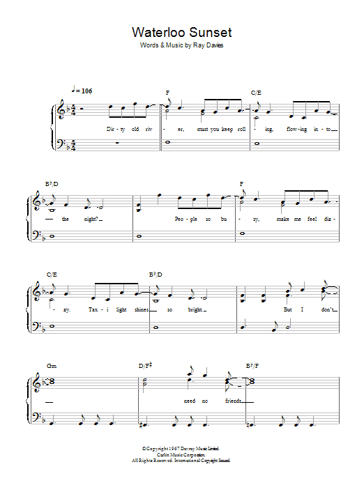 The Kinks Waterloo Sunset sheet music notes and chords. Download Printable PDF.