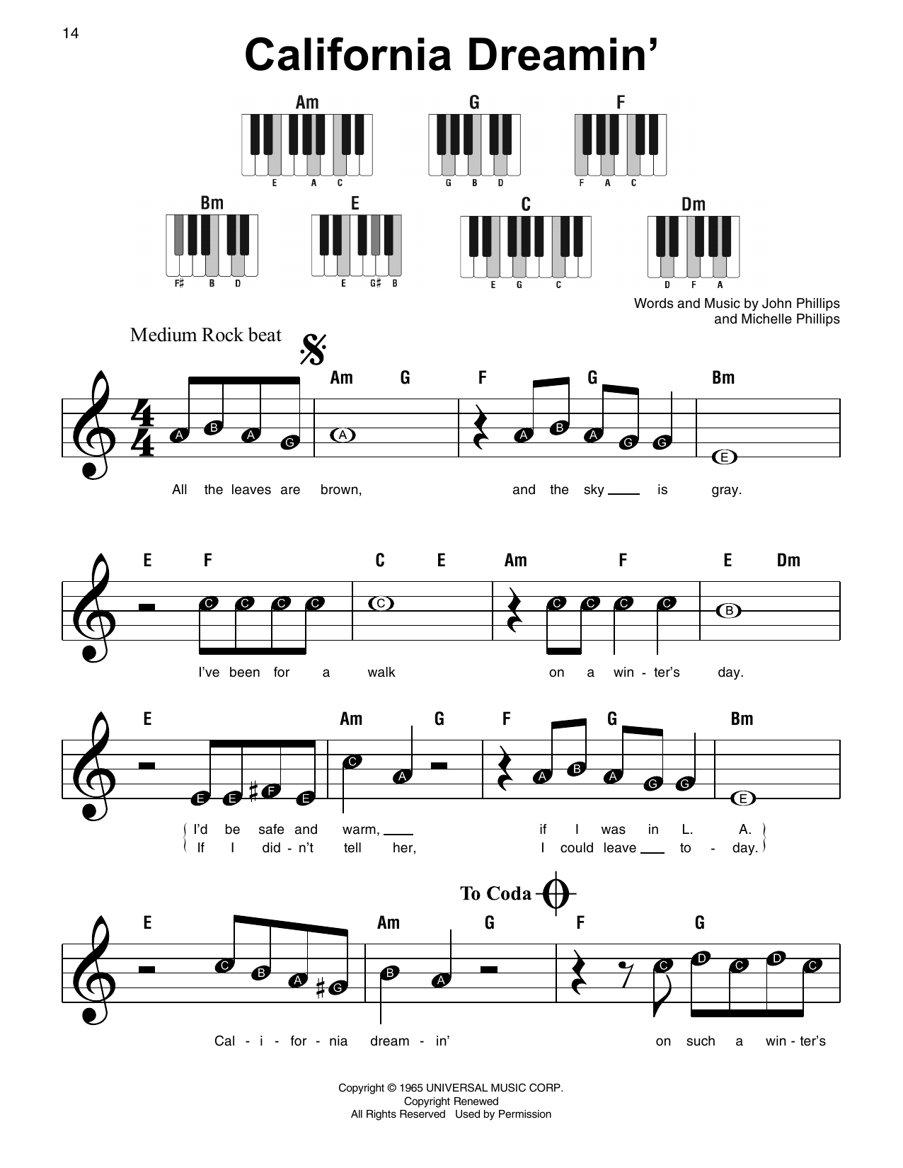 The Mamas & The Papas California Dreamin' sheet music notes and chords. Download Printable PDF.