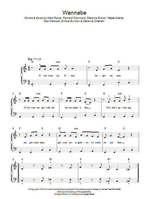 Learn to play The Spice Girls Wannabe sheet music for Easy Piano in minutes. Price: 6.9900$ The Spice Girls Wannabe sheet music notes and chords arranged for Easy Piano