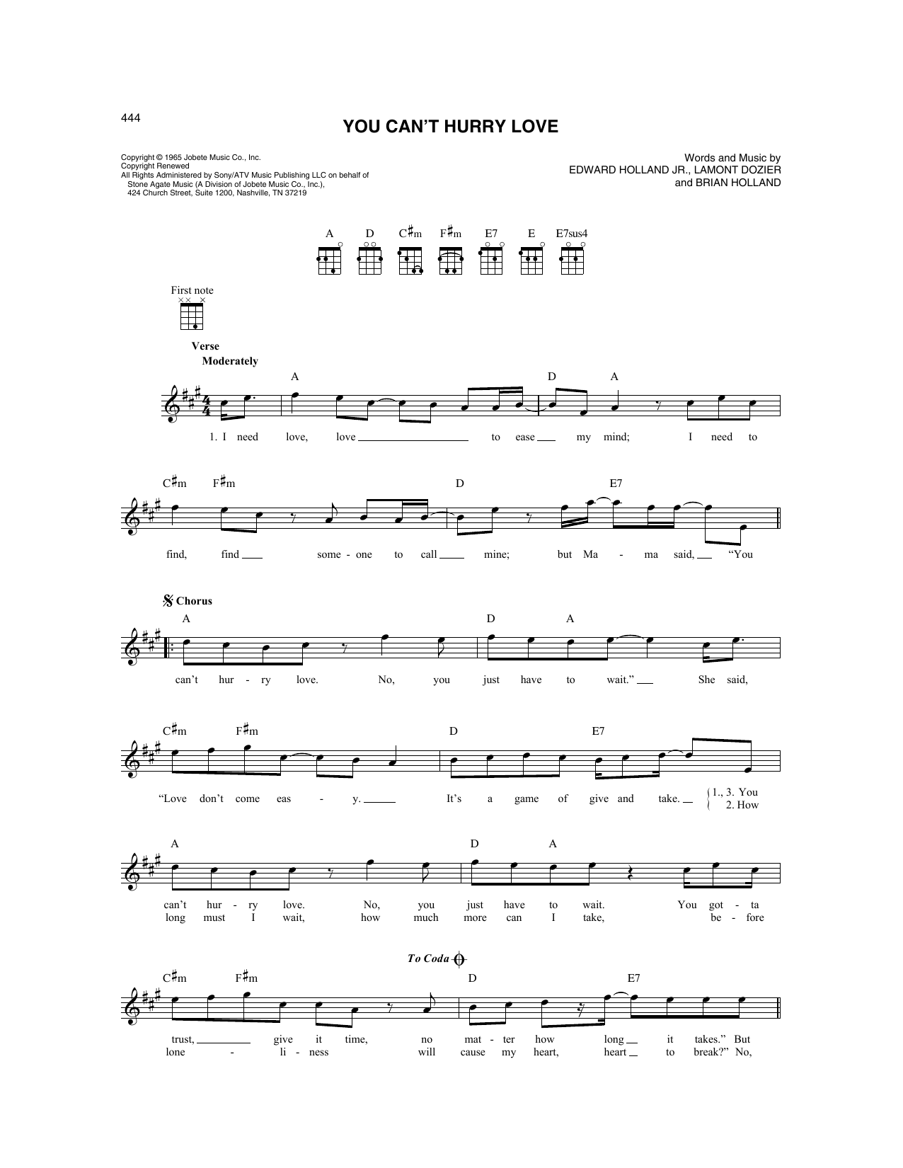 The Supremes You Can't Hurry Love sheet music notes and chords. Download Printable PDF.