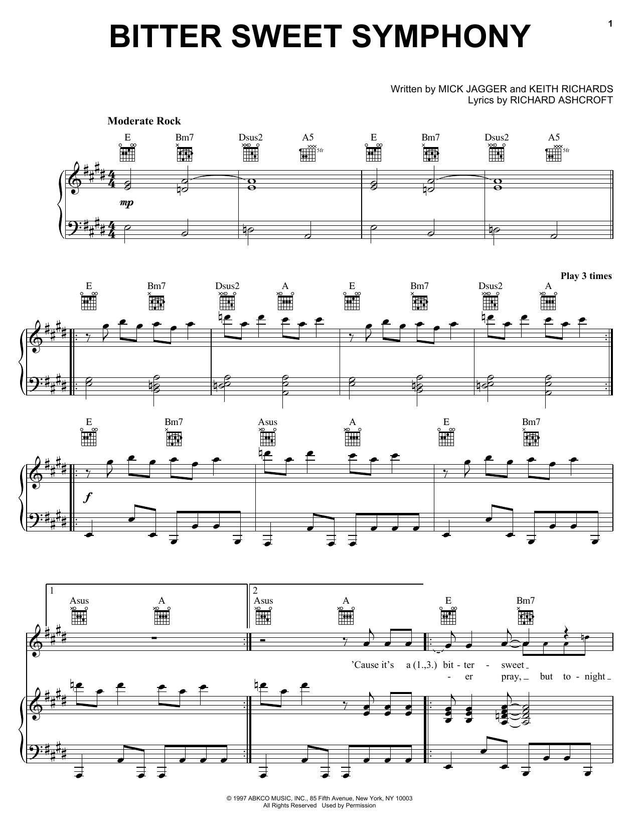 The Verve Bitter Sweet Symphony sheet music notes and chords. Download Printable PDF.