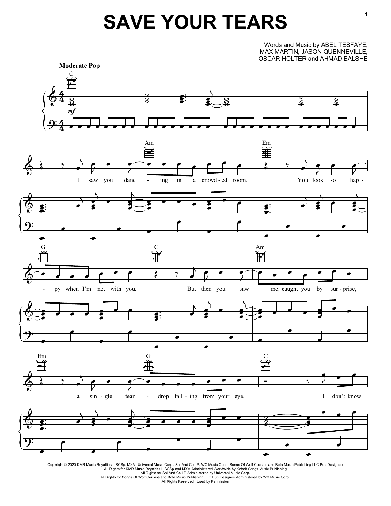 The Weeknd Save Your Tears Sheet Music, Save Your Tears music notes for Sample Page