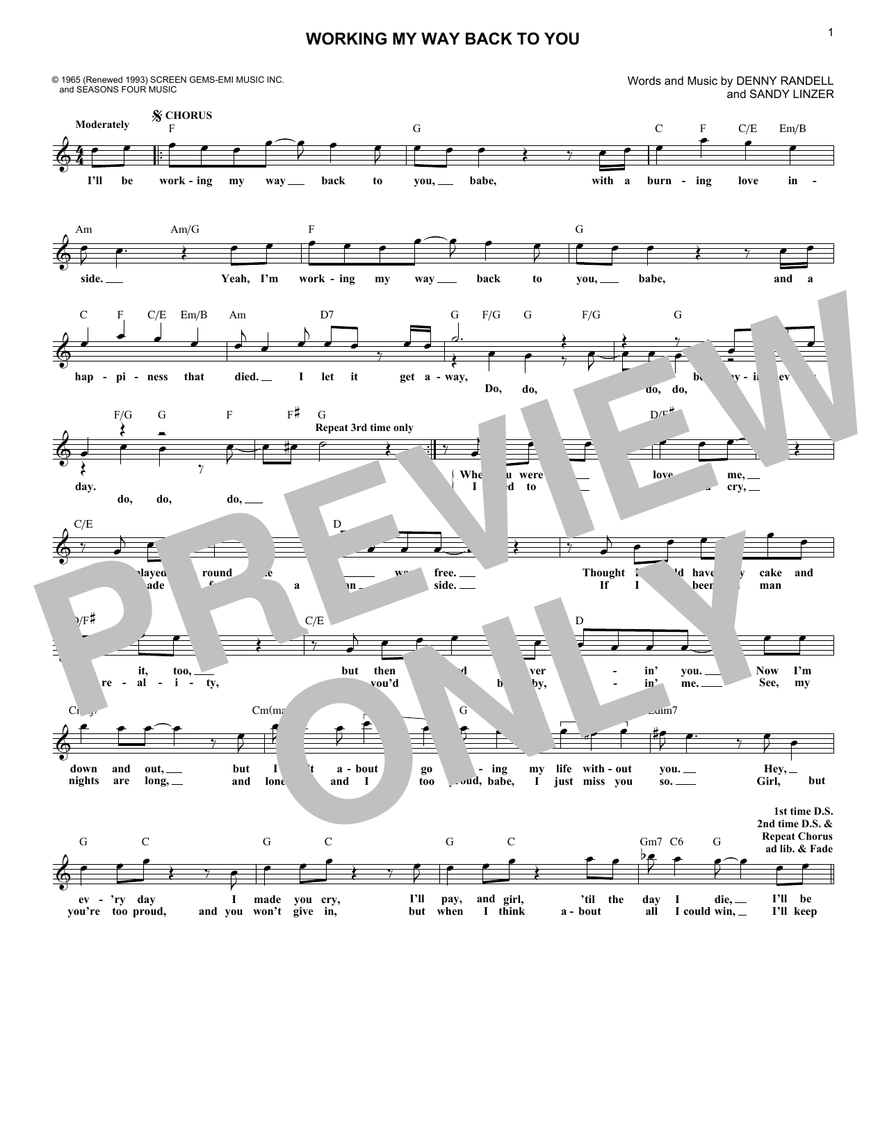 Learn to play The 4 Seasons Working My Way Back To You sheet music for Lead Sheet / Fake Book in minutes. Price: 5.9900$ The 4 Seasons Working My Way Back To You sheet music notes and chords arranged for Lead Sheet / Fake Book