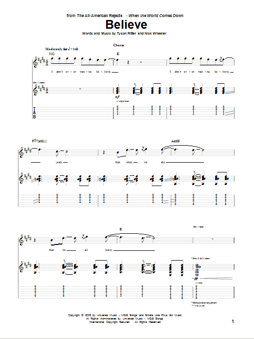 The All-American Rejects Believe sheet music notes and chords. Download Printable PDF.