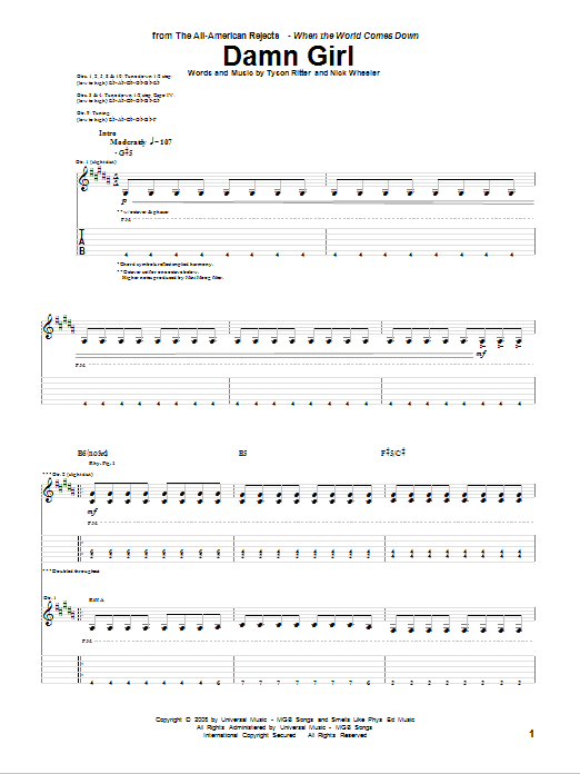 The All-American Rejects Damn Girl sheet music notes and chords. Download Printable PDF.