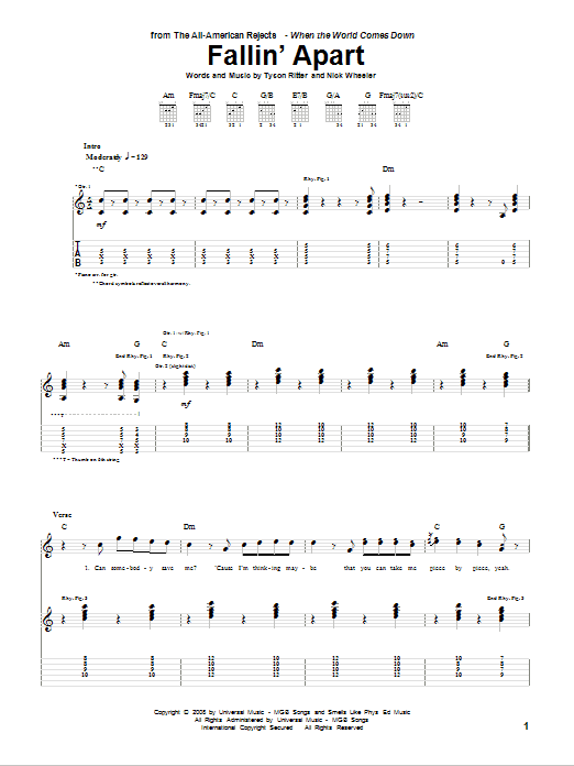 Learn to play The All-American Rejects Fallin' Apart sheet music for Guitar Tab in minutes. Price: 7.8900$ The All-American Rejects Fallin' Apart sheet music notes and chords arranged for Guitar Tab