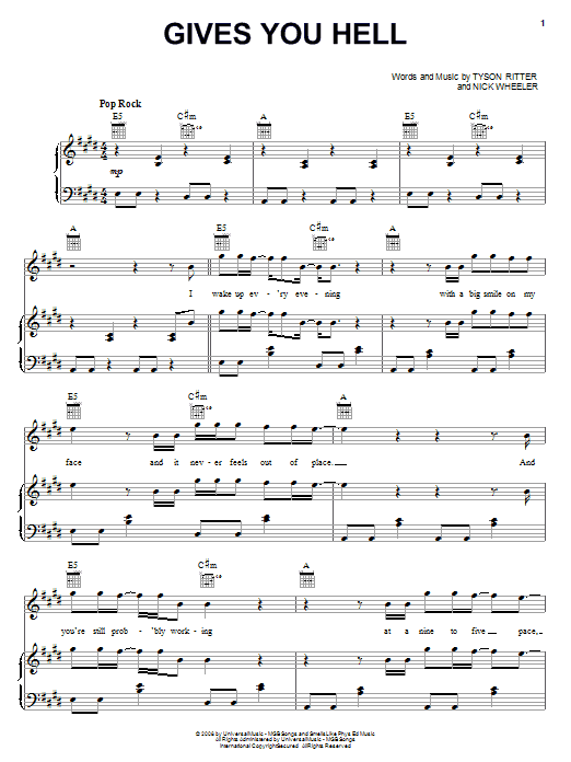 The All-American Rejects Gives You Hell sheet music notes and chords arranged for Easy Piano